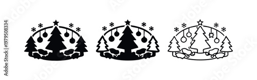 Christmas tree landscape icons with snowflakes and winter forest scene