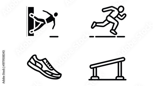 Sports Icons: A set of minimalistic icons representing various aspects of athletic endeavors, including a sprinter in motion, a hurdles, wall climbing, and running shoe.