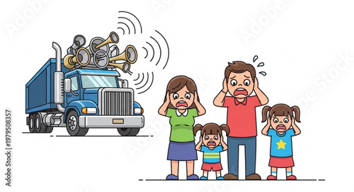 Family covering ears from loud truck horn noise pollution illustration.