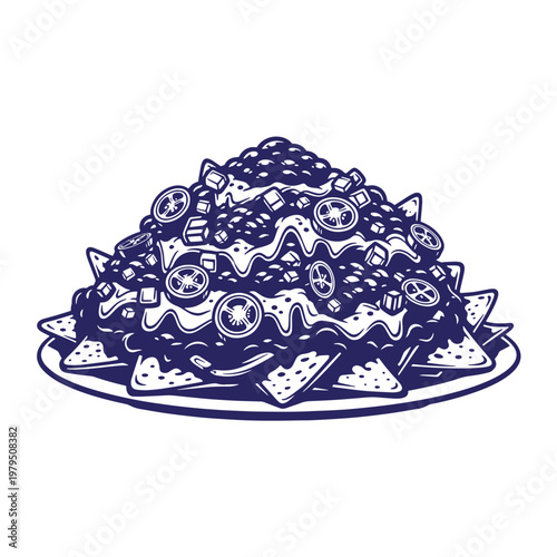 Monochrome of a pile of nachos topped with melted cheese, diced tomatoes, and sliced olives on a round plate, isolated on a white background
