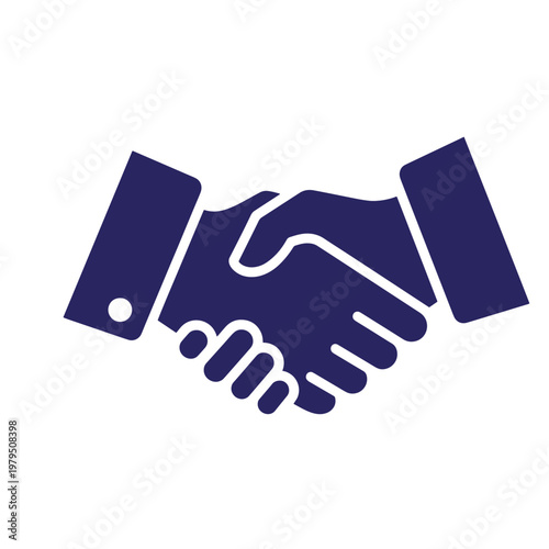Dark blue handshake on white background, symbolizing partnership or agreement business collaboration