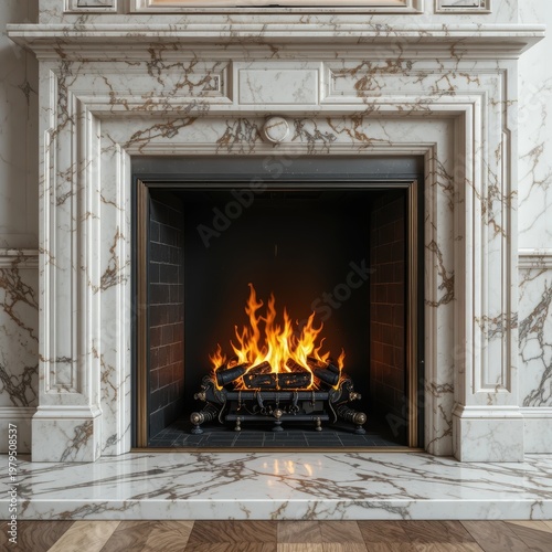 Elegant Marble Fireplace with Dancing Flames Creating a Warm and Inviting Atmosphere in a Luxurious Interior