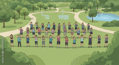 Outdoor fitness class in public park, group of people exercising on green lawn, community workout session with diverse participants in nature