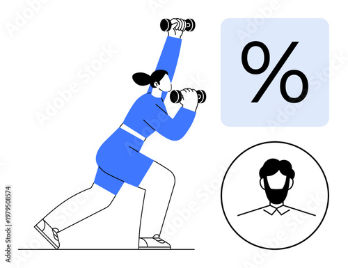 Fitness, business, analytics, health goals, statistics, branding. Woman lifting dumbbells, percentage symbol male avatar illustration. Fitness and business analytics concept