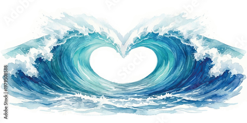 Watercolor of two crashing ocean waves forming a heart shape in the center with blue and turquoise water tones and white sea foam against a white background