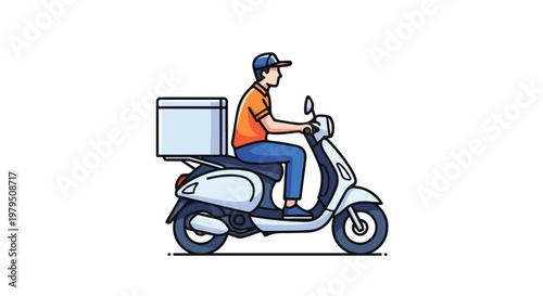 Delivery man riding white scooter with cargo box, courier service worker on motorbike for fast food shipping, professional delivery driver vector illustration