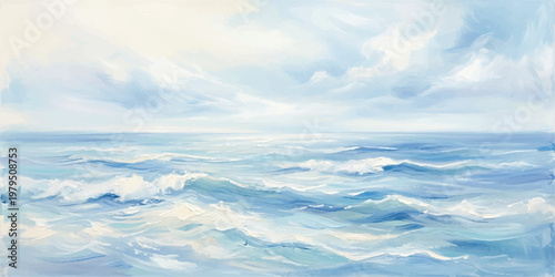 Oil painting of a calm ocean with gentle blue waves and a soft cloudy sky above the horizon line in a wide panoramic composition with visible brushstrokes and light blue and white color palette
