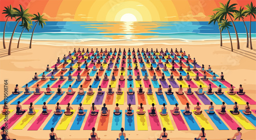 Tropical beach yoga retreat at sunset, large group of people meditating on colorful mats, ocean sunrise wellness class vector illustration