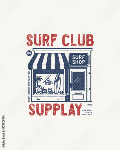 Vintage Surf Club Supply Shop Illustration with Retro Text.