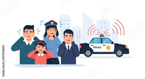 Family covering ears from police car siren noise.