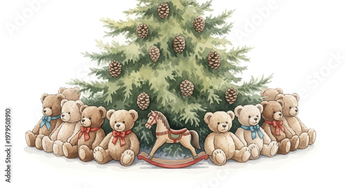 A charming illustration of a Christmas tree adorned with pinecones, surrounded by a semicircle of cute teddy bears and a classic rocking horse, all set against a clean white background.