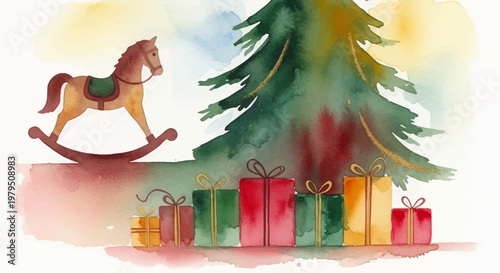 Watercolor illustration of a festive Christmas scene with a green tree, colorful wrapped gifts, and a classic wooden rocking horse.