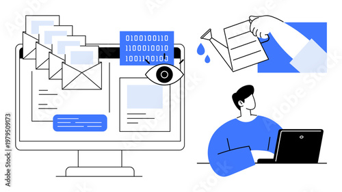 Data management, cybersecurity, privacy, email security, digital growth, online productivity. Computer screen with emails, binary code eye symbol hand watering growth person using laptop. Data