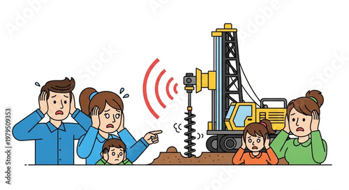 Family distressed by loud construction drilling noise pollution.