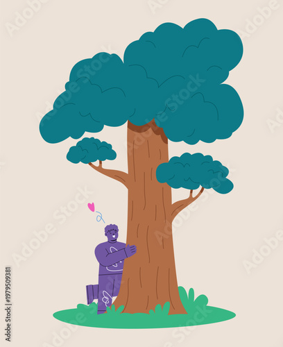 Boy hugging tree. Environmental protection, forest therapy. Colorful vector illustration