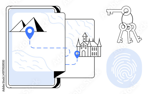 Navigation, security, tourism, identity verification, exploration, travel. A digital map with a marked route, a castle keys and fingerprint symbol. Security and navigation conceptual design