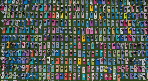 Aerial view of yoga class on green grass, large group of people on colorful mats, outdoor fitness community practicing meditation in park