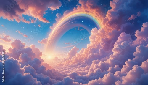 Vibrant Rainbow Arching Through Fluffy Clouds at Sunset in a Mystical Sky