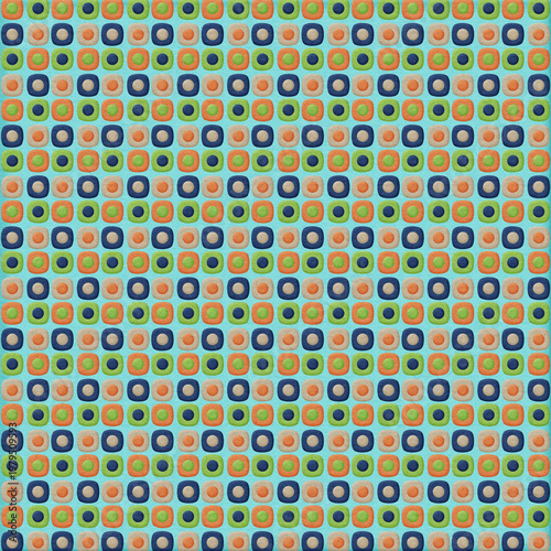 Retro seamless pattern with colorful rounded squares and dots on textured background. Geometric vintage style ideal for fabric, packaging, wallpapers, and decor.