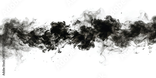 Swirling black ink clouds dispersing in clear water creating horizontal smoke like patterns on a white background