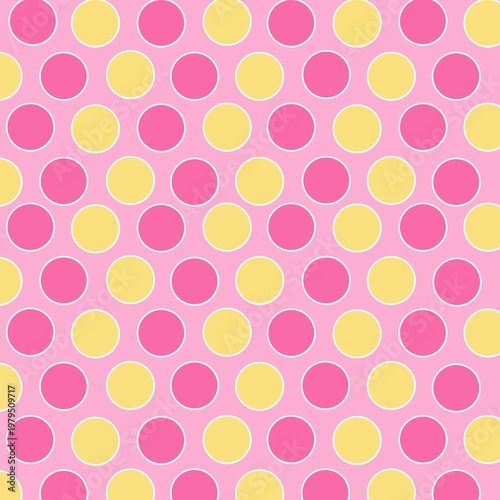 Soft pastel seamless pattern with pink and yellow polka dots on light background. Clean playful design perfect for textiles, packaging, branding, and decor.