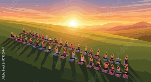 Outdoor yoga class at sunset, group of people practicing yoga on mats in a green field, peaceful sunrise meditation in nature landscape vector