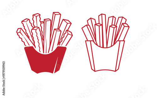 Red line of two french fry containers, one filled and one outlined french fries line containers food