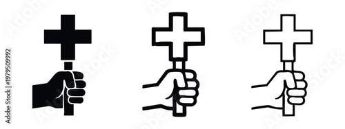 Hand Holding Cross Shape Sign Icon Set for Religious Protest or Belief