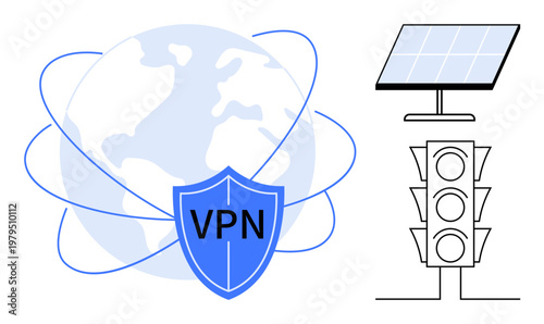 Data security, green energy, traffic management, environmental technology, innovation, wireless connectivity. VPN shield on a globe, solar panel and traffic light. Data security and green energy
