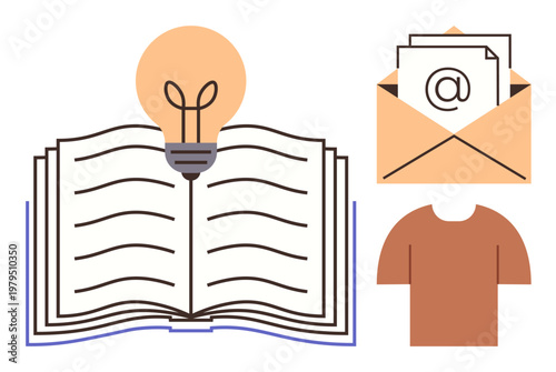 Education, communication, creativity, knowledge sharing, online learning, innovation. Open book with a lightbulb, email icon and shirt illustration. Education and communication concept