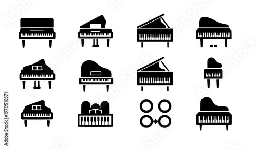 Minimal piano icon set upright keyboard silhouette vector