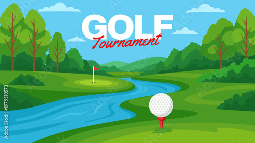 Golf course landscape illustration background for banner. Golf green with flag and ball on tee background for championship event. Golf course scenery with river flat design wallpaper for sport