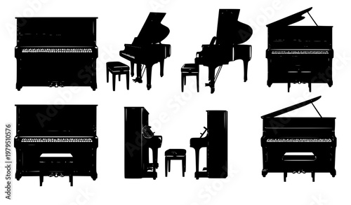 Upright piano silhouette icon set classical music vector collection