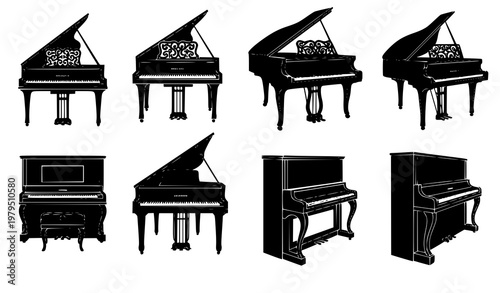 Vintage upright piano silhouette classical music icon vector set