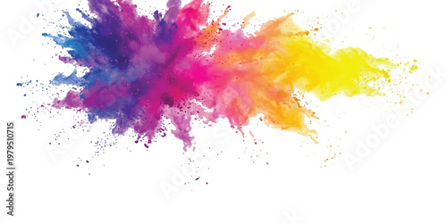 Vibrant multicolored powder explosion with blue purple pink orange and yellow pigments scattering against a plain white background in a dynamic cloud formation