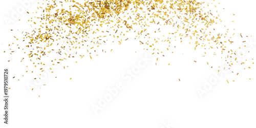 Scattered gold glitter particles forming an arched frame shape on a plain white background with metallic texture and reflective light fragments
