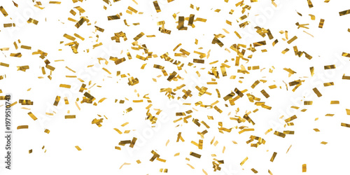 Scattered rectangular gold foil confetti pieces falling against a plain white background creating a festive celebration atmosphere with metallic reflections and varied orientations