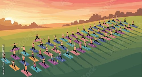 Outdoor yoga class at sunset, large group of people practicing yoga on mats in a park, community fitness event in nature, wellness retreat vector illustration