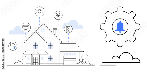 Home security, energy efficiency, technology, wireless connectivity, IoT, modern living. Smart home with icons showing connected devices and automation gear. Home security and energy efficiency