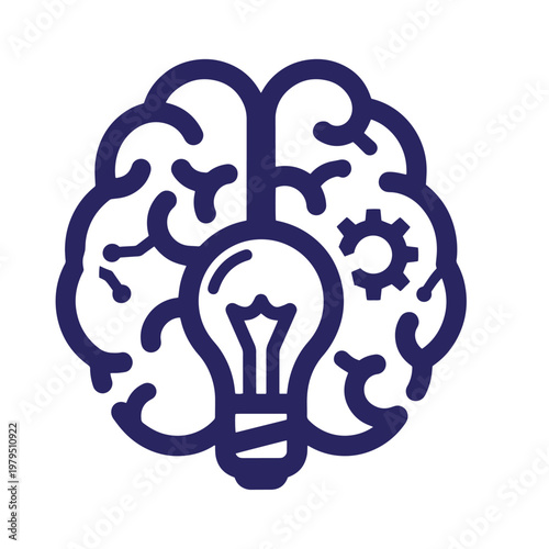 Brain with lightbulb and gear, dark blue on white background