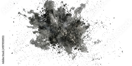 Gray smoke and dark charcoal dust explosion isolated on a white background with scattered particles and debris