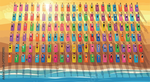 Aerial view beach illustration with people sunbathing on colorful towels, summer vacation crowd at the ocean shore, tropical resort travel vector