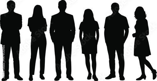 Six Black Silhouettes of Men and Women Standing people
