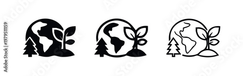 Earth Conservation Icon Set with World Globe Tree and Sprout