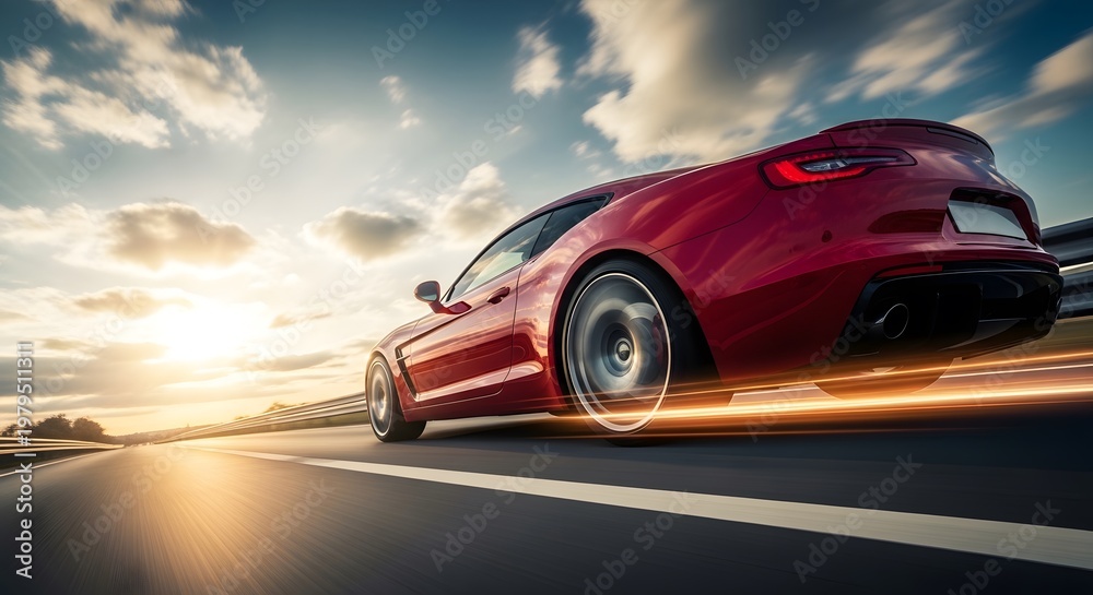 Naklejka premium Red sports car speeding down a highway at sunset motion blur effect