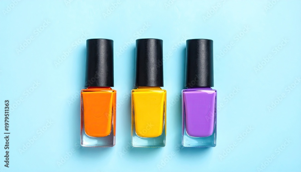 Obraz premium Three colorful nail polish bottles arranged on a pastel blue background.