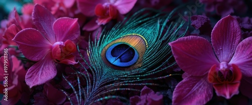 Vibrant Peacock Feather Resting Amidst Bright Purple Orchids with Raindrops in a Lush Garden