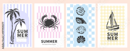 Hand drawn summer beach, sea, yacht, palm trees, shells and crab vector illustration set. Mediterranean elements. Trendy summer design poster for ads, print, decor.