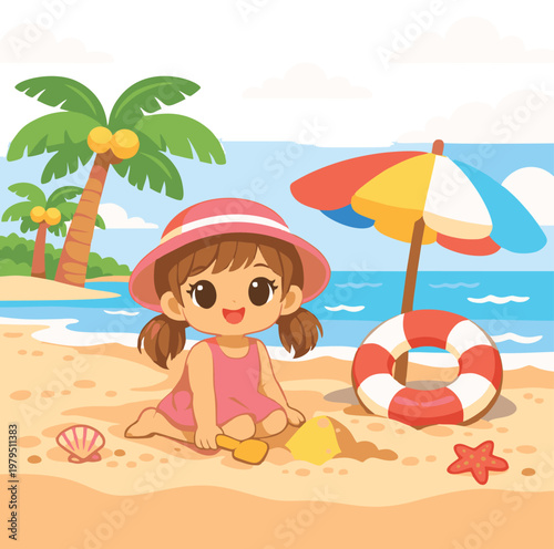 Cute Little Girl Playing on Beach Cartoon Illustration