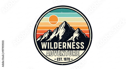 Wilderness adventure logo with mountains and sunset outdoor badge